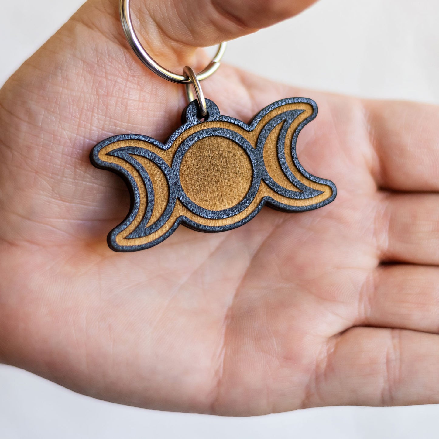 Triple Moon Wood Keychain