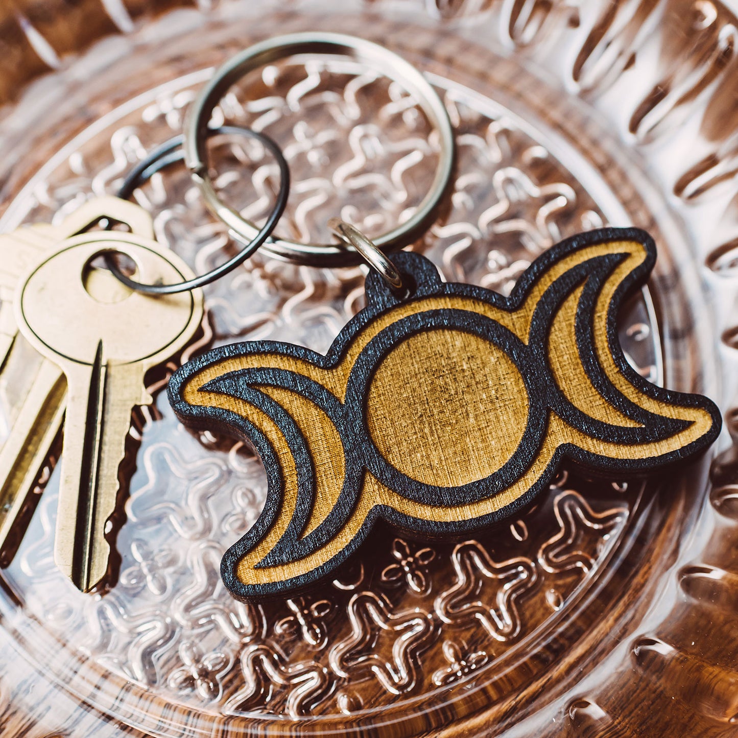 Triple Moon Wood Keychain