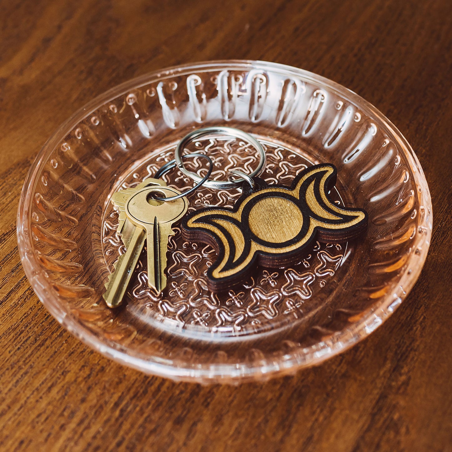 Triple Moon Wood Keychain
