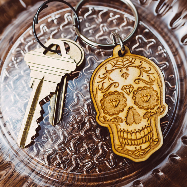 Diamond Eyes Sugar Skull Wooden Keychain  USA made, real wood, gifts and  accessories.