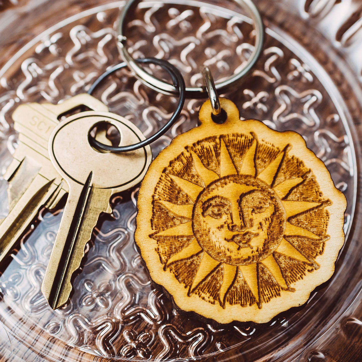 Wood Cut Sun Wooden Keychain