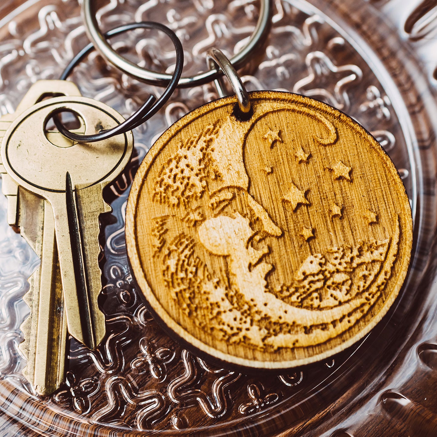 Wood Cut Moon Wooden Keychain