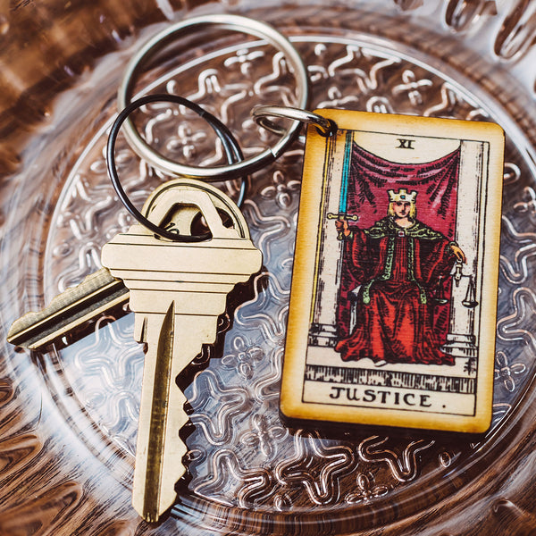 Justice Tarot Card Keychain  USA made, real wood, gifts and accessories.