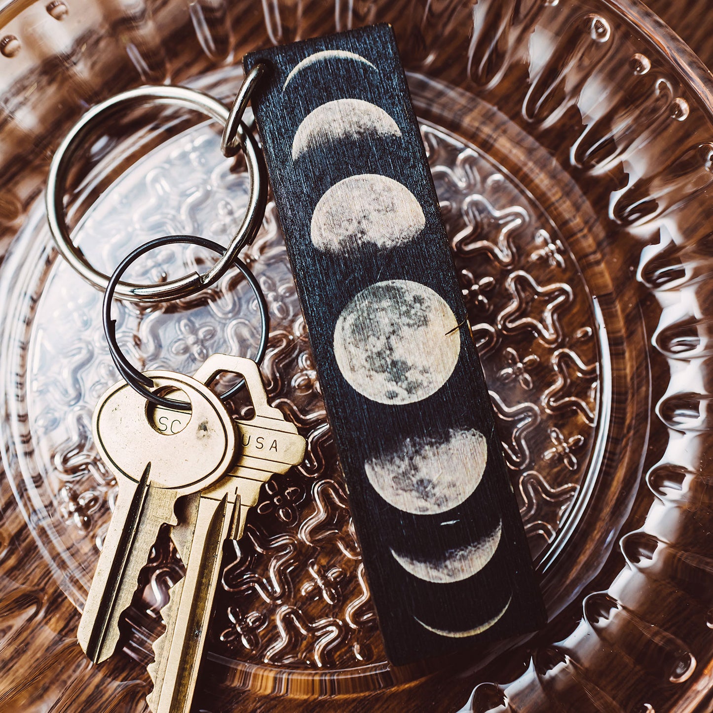 Moon Phases Wooden Keychain