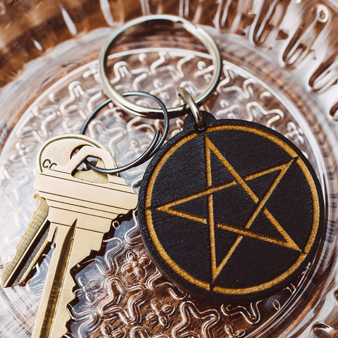 Pentagram Wood Keychain