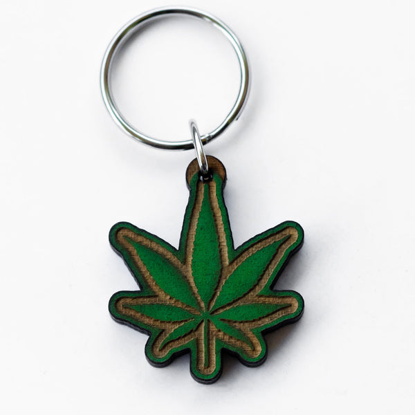 Marijuana Leaf Wood Keychain