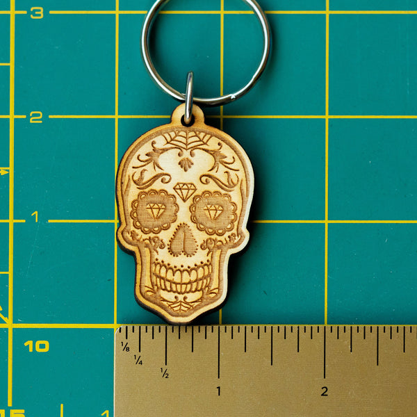 Diamond Eyes Sugar Skull Wooden Keychain