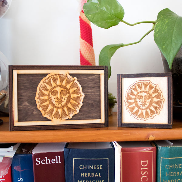 Woodcut Sun Laser Cut Wooden Stash Box Tarot Deck Card Storage